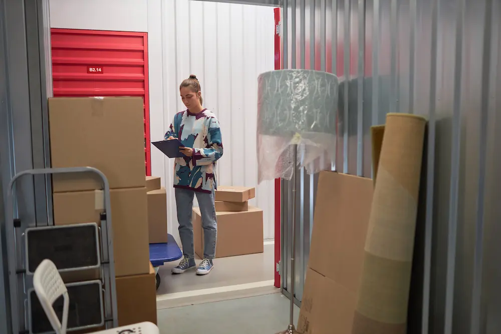 Woman reviewing inventory in a self-storage unit filled with boxes and household items, preparing for an auction.